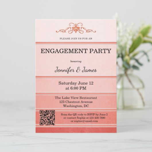 フォトトーンオントーンコーラルストライプの婚約 招待状 (スタンド正面)