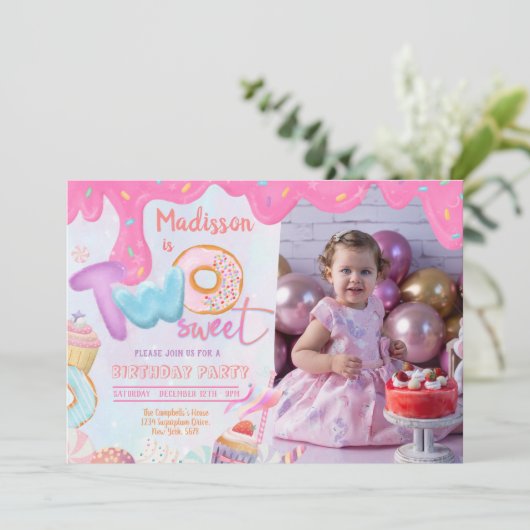 フォトドーナツ2つの甘い2番目の誕生日 招待状 (スタンド正面)
