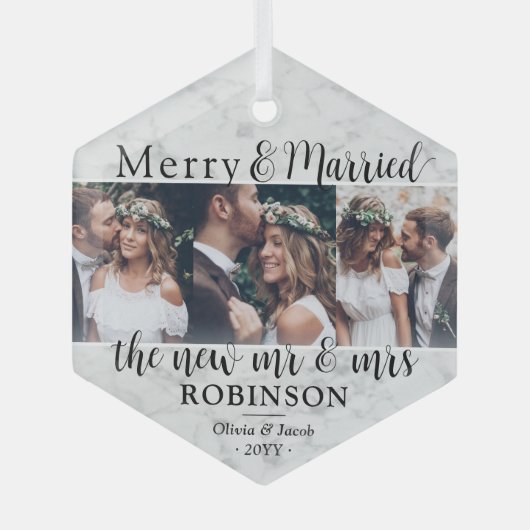 フォトニューメリーリュウズ結婚したとフェイク大理石 ガラスオーナメント (正面)