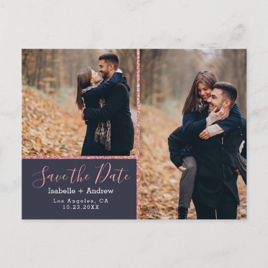 フォトネイエレガントビーブルーバラグリッター日付を保存 案内ポストカード (正面)