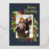 フォトネイビーエレガントブルーの葉メリークリスマス 箔シーズンカード (正面)