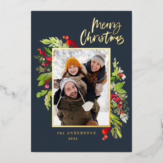フォトネイビーエレガントブルーの葉メリークリスマス 箔シーズンカード (正面)