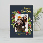 フォトネイビーエレガントブルーの葉メリークリスマス 箔シーズンカード (立ち正面)