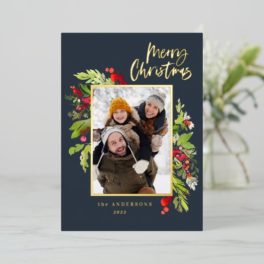 フォトネイビーエレガントブルーの葉メリークリスマス 箔シーズンカード (立ち正面)