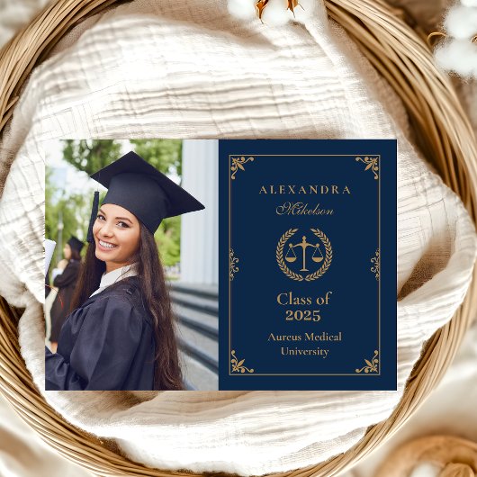 フォトネイビーエレガント金ゴールド法科卒業 案内状