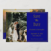 フォトネイビーブルーフォーマル金ゴールドエレガント救ウェディングT セーブザデート (正面/裏面)