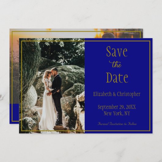 フォトネイビーブルーフォーマル金ゴールドエレガント救ウェディングT セーブザデート (正面/裏面)