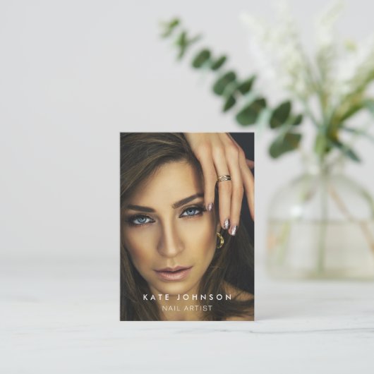 フォトネイルアーティストサロンQRコードソーシャルメディアブラック 名刺 (スタンド正面)