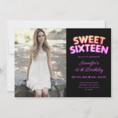 フォトネオンガーリーバルーン熱ピンクブラックスウィート16 招待状 (正面)