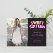 フォトネオンガーリーバルーン熱ピンクブラックスウィート16 招待状 (スタンド正面)