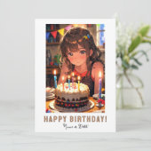 *フォトネーム バースデーケーキ アニメの若い女の子 招待状 (スタンド正面)