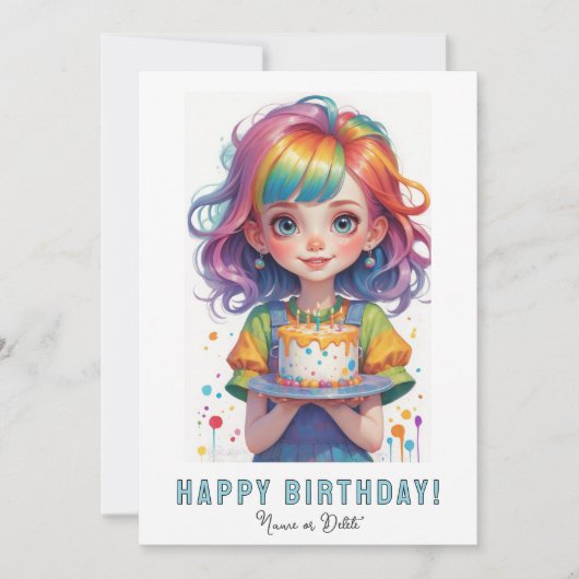 *フォトネーム 誕生日の女の子 ケーキ 虹 赤い髪 招待状 (正面)