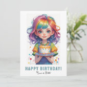 *フォトネーム 誕生日の女の子 ケーキ 虹 赤い髪 招待状 (スタンド正面)