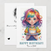 *フォトネーム 誕生日の女の子 ケーキ 虹 赤い髪 招待状 (正面/裏面)