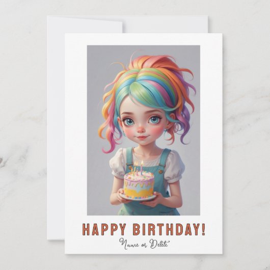 *フォトネーム 誕生日の女の子 ケーキ 赤 青 髪 招待状 (正面)