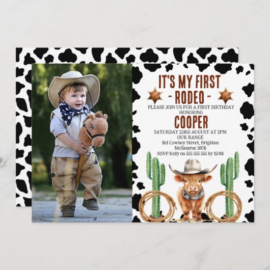 フォトハイランド牛マイ最初のロデオ1歳の誕生日 招待状 (正面/裏面)