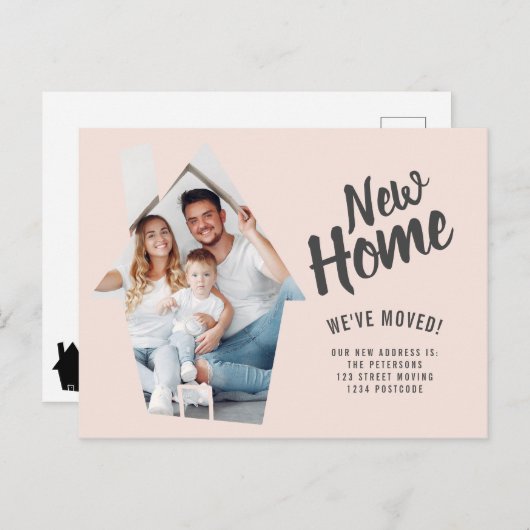 フォトハウスニューホームタイポグラフィピンク引っ越し 案内ポストカード (正面/裏面)