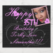 フォトハッエレガントピー35th誕生日ピンクブラック スパークリングワインラベル (シングルラベル)