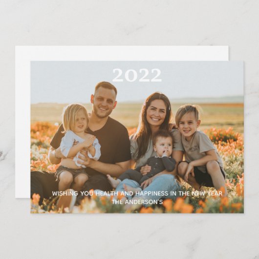 フォトハッピーニューイヤーパーソナライズされたホワイトタイポグラフィ シーズンカード (正面/裏面)