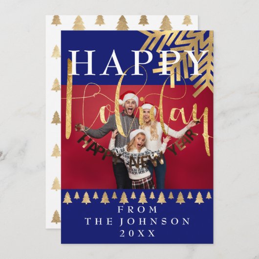 フォトハッピーニューイヤーホリデーブルーネイビー金ゴールド シーズンカード (正面/裏面)