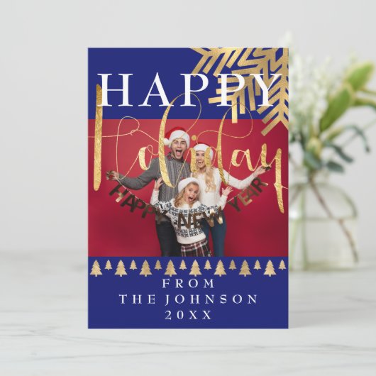 フォトハッピーニューイヤーホリデーブルーネイビー金ゴールド シーズンカード (スタンド正面)