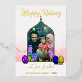 フォトハッピーノースパステルピンクの花カラフル卵 箔シーズンカード (正面)