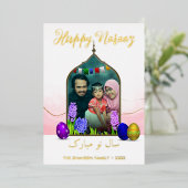 フォトハッピーノースパステルピンクの花カラフル卵 箔シーズンカード (立ち正面)