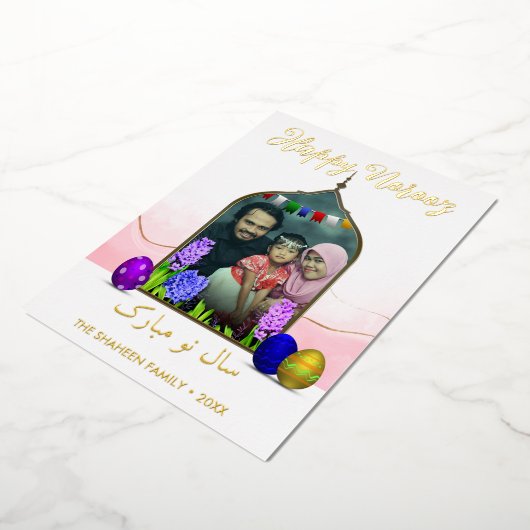 フォトハッピーノースパステルピンクの花カラフル卵 箔シーズンカード (回転した状態)