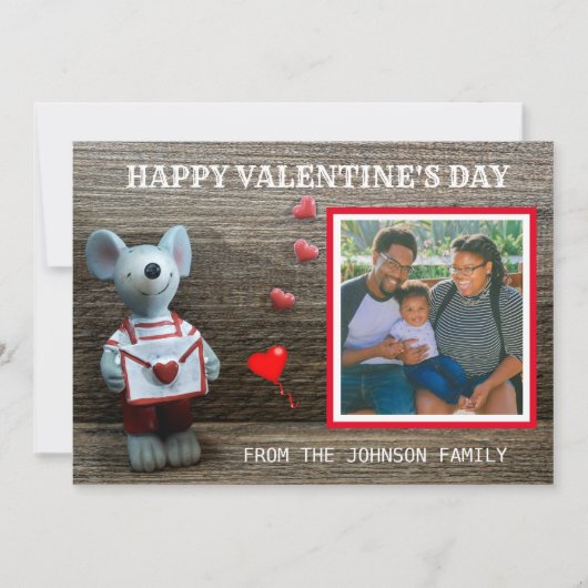 フォトハッピーバレンタインデー赤いハート素朴ウッド シーズンカード (正面)