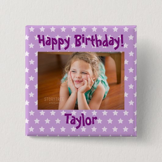フォトハッピーバースデー紫と白の星 缶バッジ (正面)