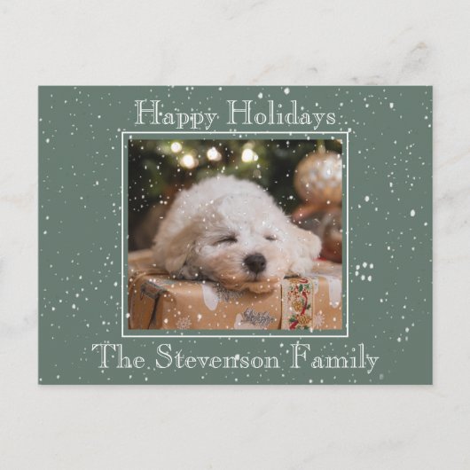 フォトハッピーホリデーズスノーオーバーレイ予算グリーン シーズンポストカード (正面)
