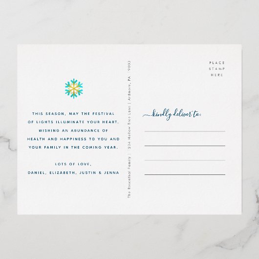 フォトハヌッカピースジョーラブスノーフレーク実在金ゴールド 箔シーズンポストカード (裏面)