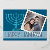 フォトハヌッカブルーホワイト金ゴールド（ユダヤ教）メノラーグリッター 箔シーズンカード (正面)