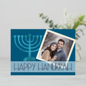 フォトハヌッカブルーホワイト金ゴールド（ユダヤ教）メノラーグリッター 箔シーズンカード (立ち正面)