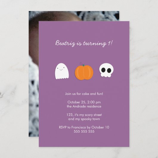 フォトハロウィーン誕生パーティー紫1歳誕生日 招待状 (正面/裏面)