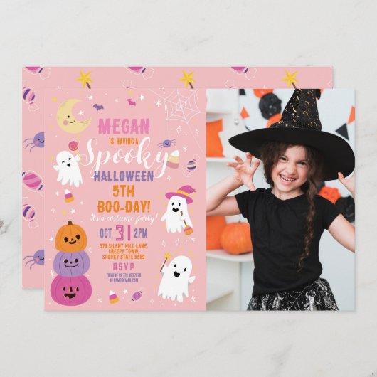 フォトハロウィーン誕生日ガールズパーティーカボチャ 招待状 (正面/裏面)