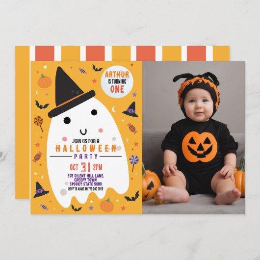 フォトハロウィーン誕生日ハッピー幽霊 招待状 (正面/裏面)