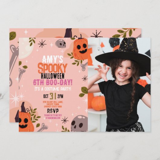 フォトハロウィーン誕生日 – 任意の年齢 – 女の子のパーティー 招待状 (正面/裏面)