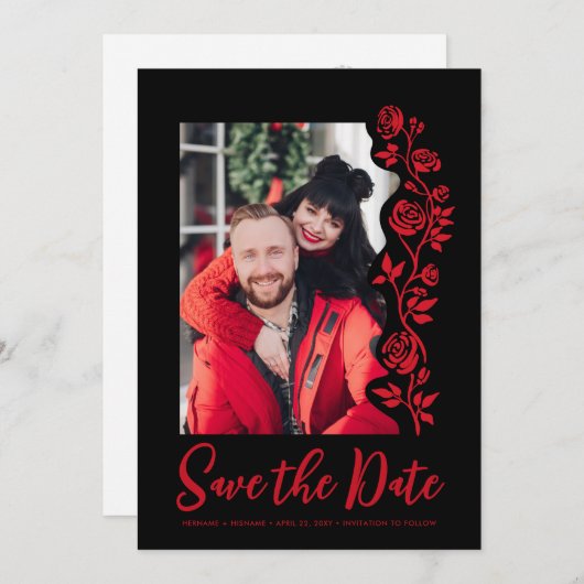 フォトハンドドロッドレッドローゼブラックはっきりしたシンプル セーブザデート (正面/裏面)