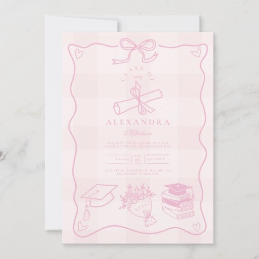 フォトハンドドロー図解入りの、写真付きのドピンクプライド卒業 招待状 (正面)