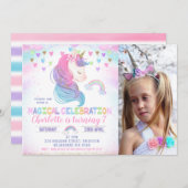 フォトハートスターズレインボーユニコーン誕生日 招待状 (正面/裏面)