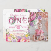 フォトバタフライウォーターカラーフローラ第1誕生日 招待状 (正面/裏面)