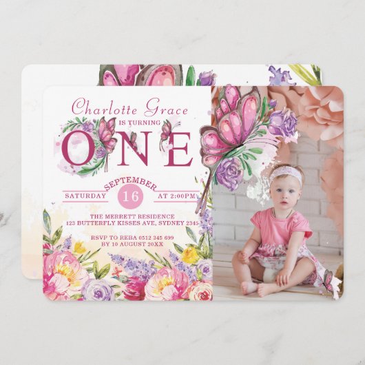 フォトバタフライウォーターカラーフローラ第1誕生日 招待状 (正面/裏面)