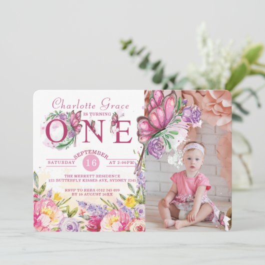フォトバタフライウォーターカラーフローラ第1誕生日 招待状 (スタンド正面)