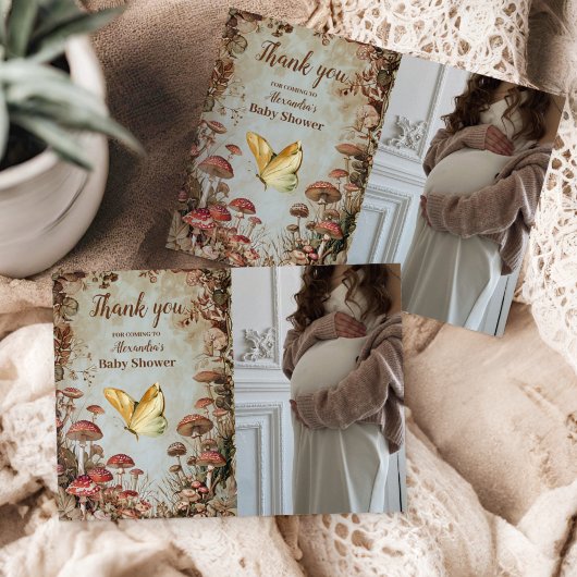 フォトバタフライマッシュルームウッドランドベビーシャワー サンキューカード