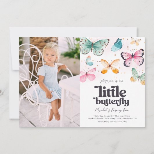 フォトバタフライ誕生日招待状 招待状 (正面)
