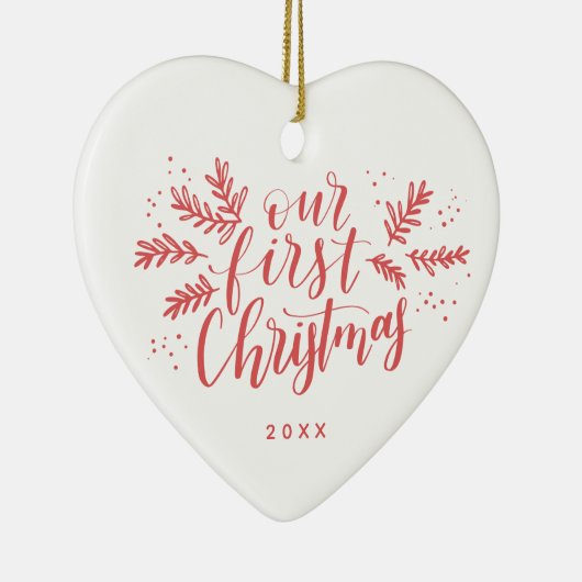 フォトバック結婚したレッド付き最初のクリスマス セラミックオーナメント (右)