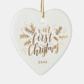 フォトバック結婚した金ゴールド付き最初のクリスマス セラミックオーナメント (右)