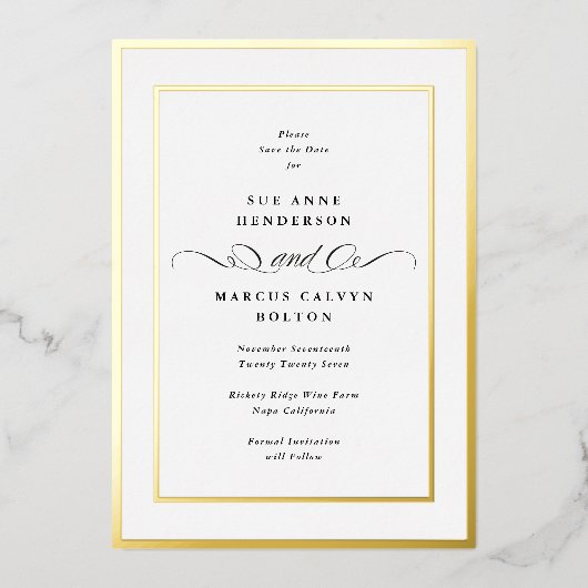 フォトバック金ゴールドフレーム結婚式の日付の保存 箔招待状 (正面)