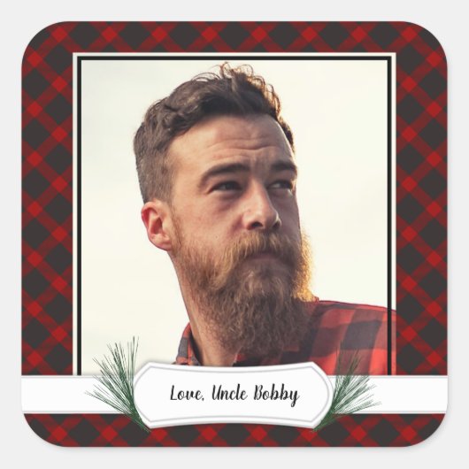 フォトバッファロープレイドクリスマスプレゼントラベルシール スクエアシール (正面)